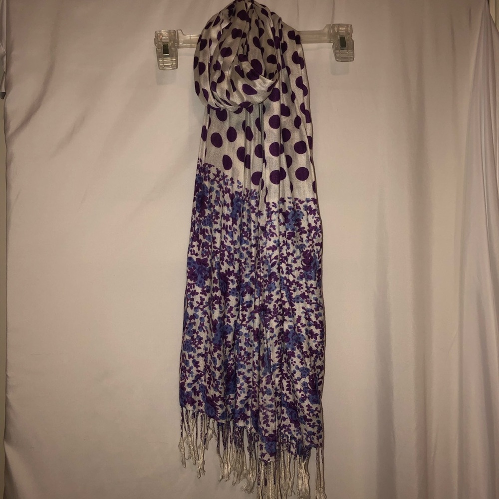 Blue and Purple Scarf with Polka Dots and Flowers